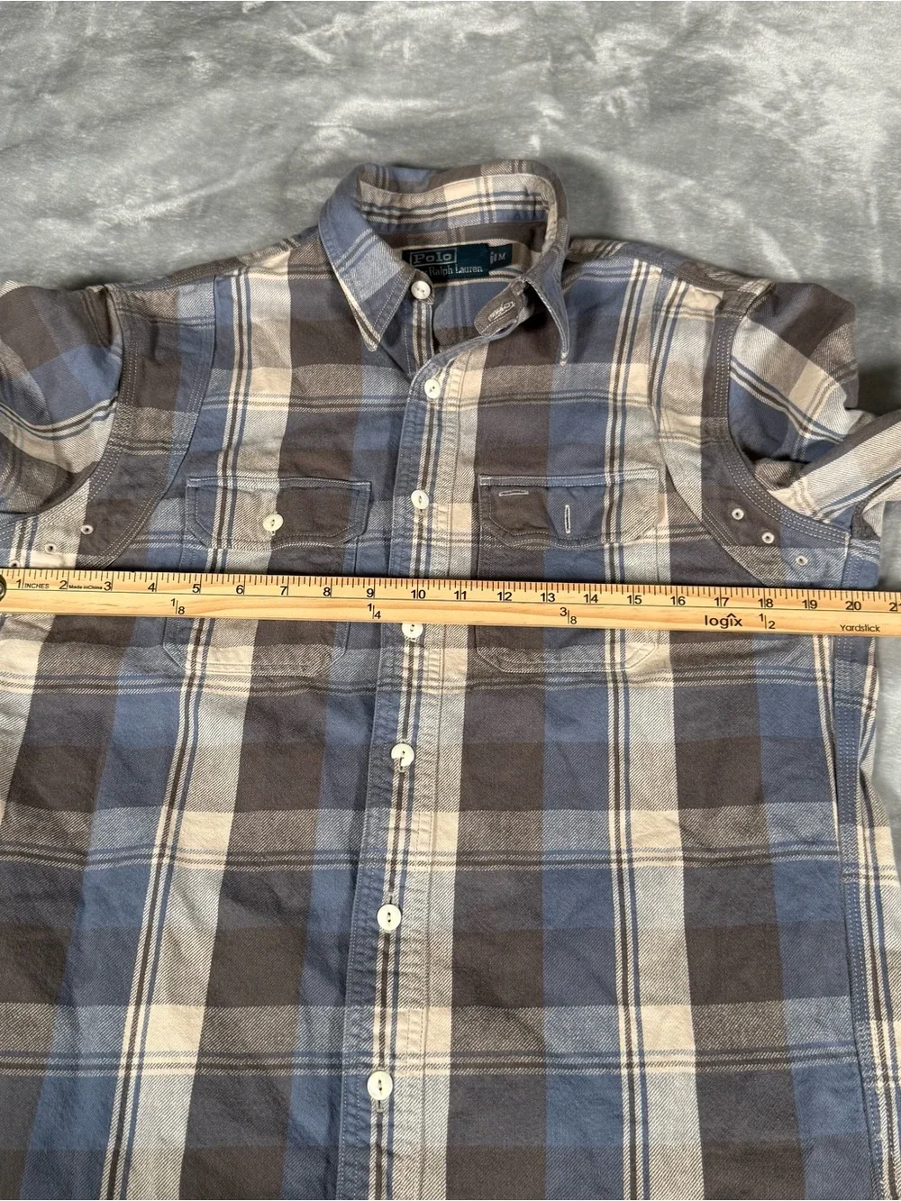 Polo Ralph Lauren Captain Flannel Work Shirt Mens M Slim Fit Plaid Blue